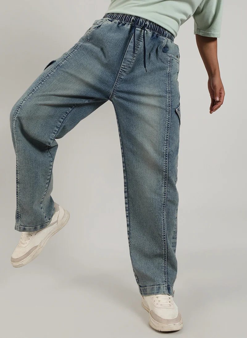 كامبوس سوترا Men's Steel Blue Acid-Wash Baggy Denim Jeans For Casual Wear | Medium-Wash | Mid-Rise | Drawstring Closure | Denim Jeans Crafted With Comfort Fit For Everyday Wear